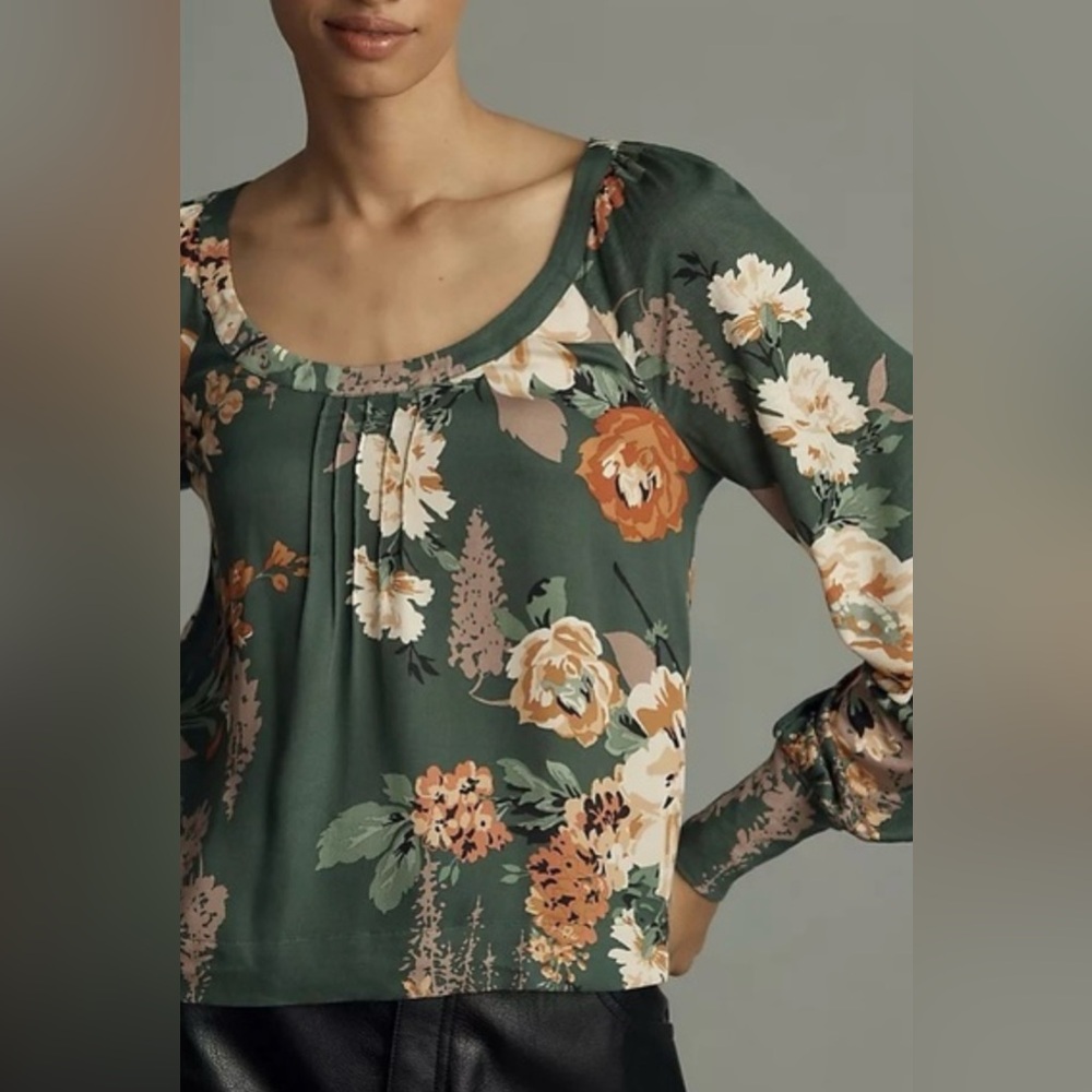 Anthropologie Green Floral Scoop-Neck Tunic